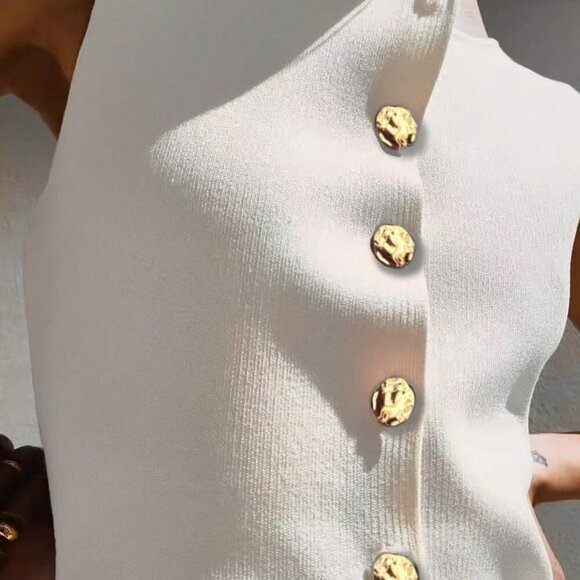 White Casual Women's Metal Button Open Front Sleeveless Jacket - Picture 2 of 9